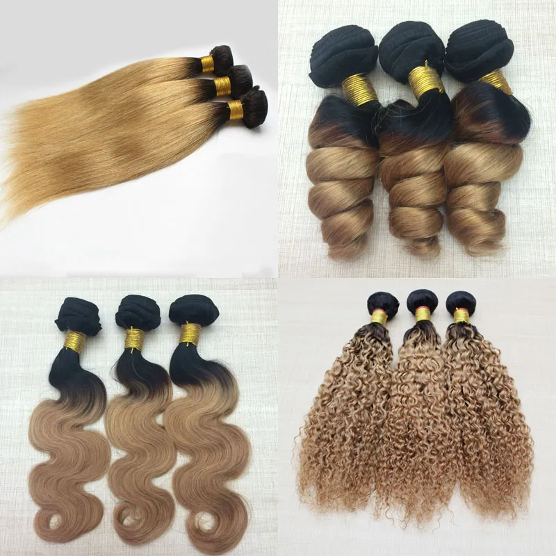 Ombre Braziliaanse haar Losse Golf 3 Bundels Ombre # 1b / 27 Peruviaans Haar Weave Bundels Body Wave Haar Menselijk Krullend recht