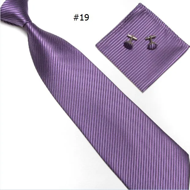Neck tie Cuff Länkar Handkerchief Set 19 Färger Mäns Stripe Slips 145 * 10cm Solid Färg Slips för Fars Dag Mäns Business Tie