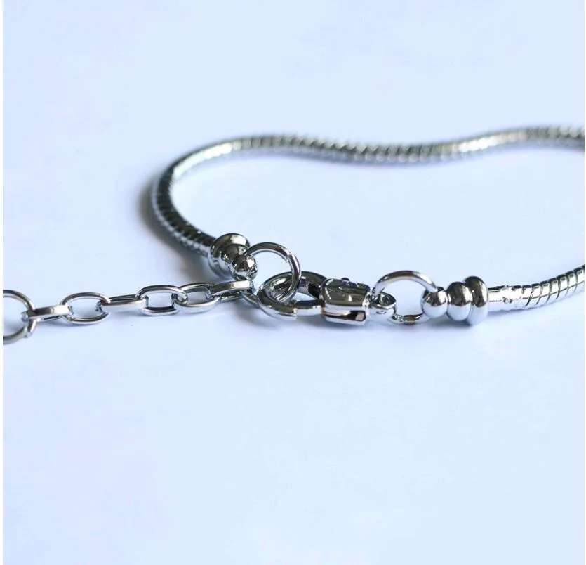 8 pollici 22 centimetri argento 925 placcato serpente catena fit europeo perline braccialetto di fascino aragosta fermagli staccabile