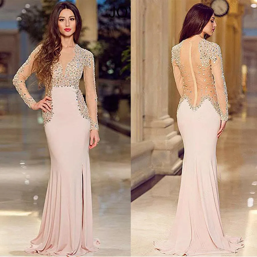 Chiffon Deep V-Neckline Sheath Evening Dresses With Beadings See Through Nude Long Sleeves Crystals Slit Prom Dress vestido de formatura