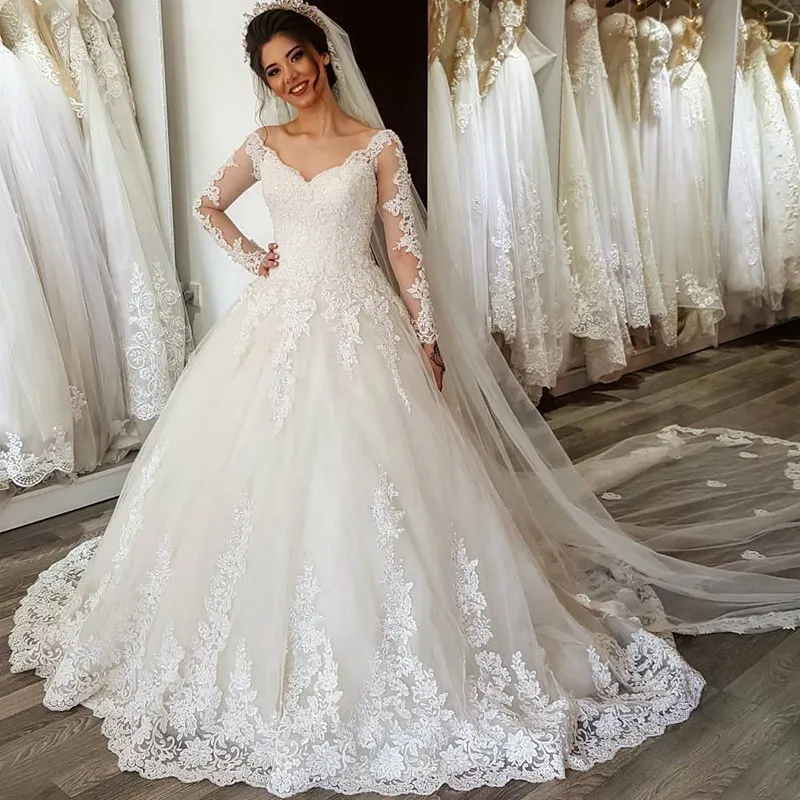 Exquisite Lace Ball Gown Wedding Dress V Neck Illusion, Long Sleeves,  Appliqued, Puffy A-Line Bridal Gown Shop Now!