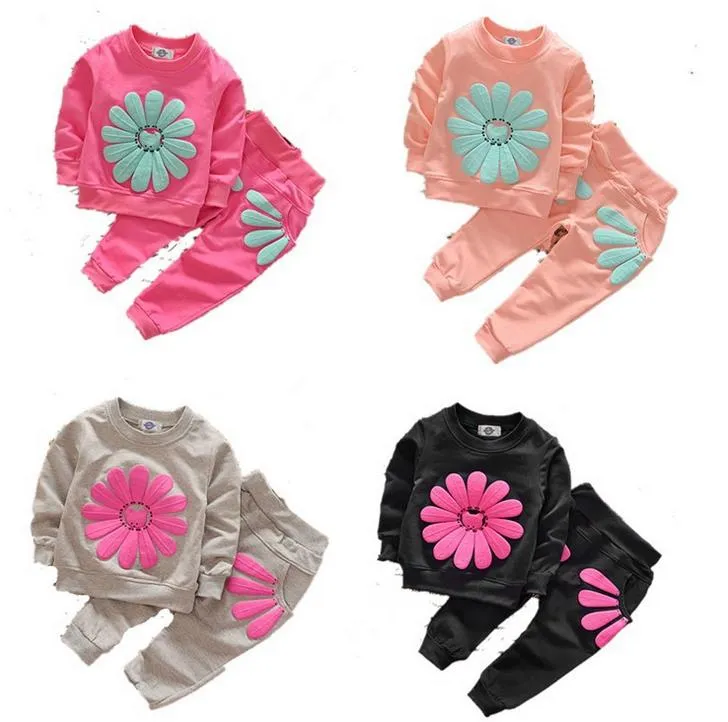 Spring Autumn Girls Tracksuit Baby Kids Flowers Tops Sweatshirt + Pants Clothing Suits Children Cotton Outfits Sets 2231