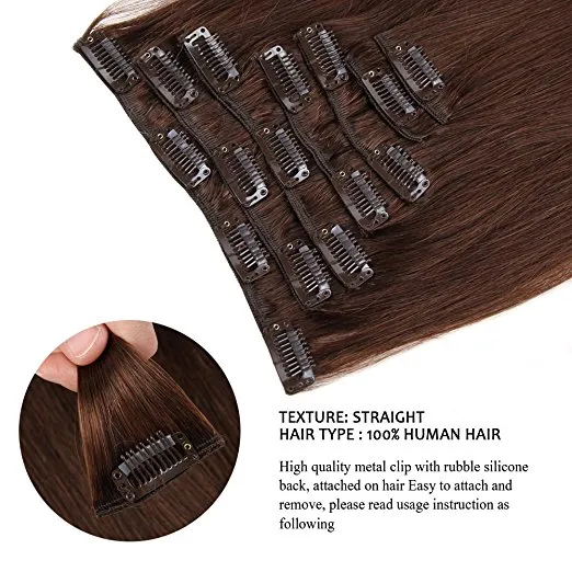 Elbess Clip dans des extensions de cheveux Vierge Humain Hair Brown Tête Full Head Set 100g Remy Cheveux humains