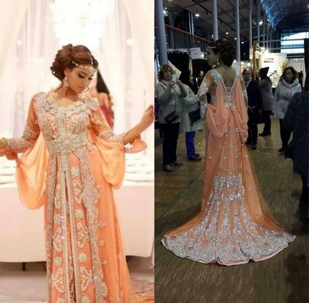 Zarif Kaftan Abaya Arapça Elbiseler Akşam Giyim Boncuklu Sequins Aplikler Şifon Uzun Örgün Abiye Dubai Ünlü Gelinlik Modelleri