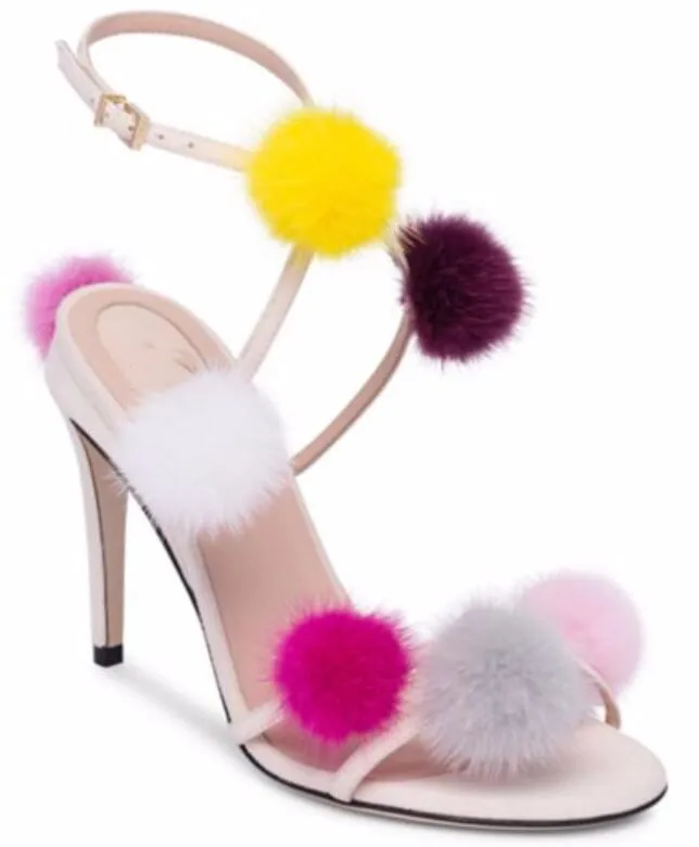 2017 mode femmes coupé pom pom sandales bout ouvert gladiateur sandales chaussures de fête talon mince rose doux talons hauts chaussures de boule de fourrure