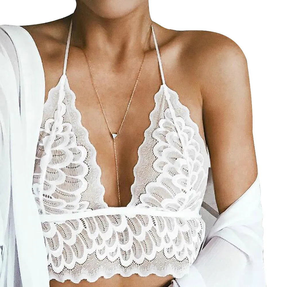 All'ingrosso-Donne Hollow Crop Top Bralette in pizzo Bianco traslucido Biancheria intima Sheer Lace Strap Lingerie Reggiseno Top Bustier Sexy Crop Top Fanoni