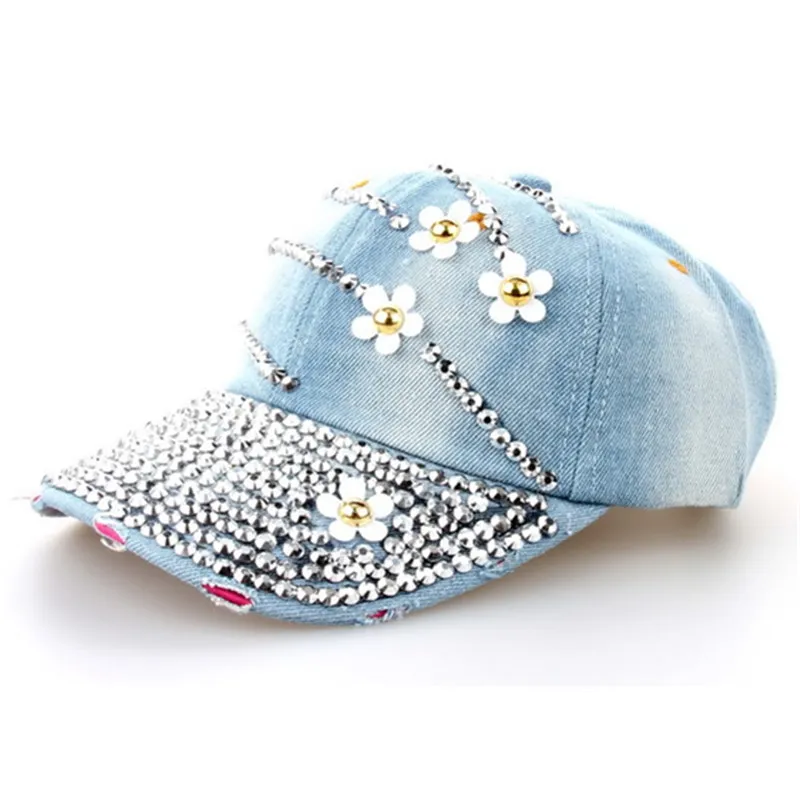 Nouvelle mode femmes Denim lavé strass casquette de Baseball avec jean à fleurs Simulation diamant casquettes Snapback chapeaux Hip Hop Hats2944