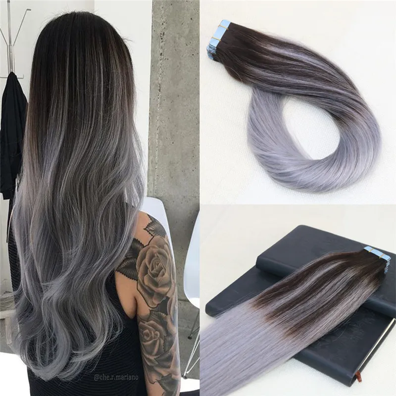 100% Unprocessed Tape in Human Hair Extensions Omber Sliver Grey Skin Weft Tape on Hair Extensions 8A Thick Ends Balayage Tape ins