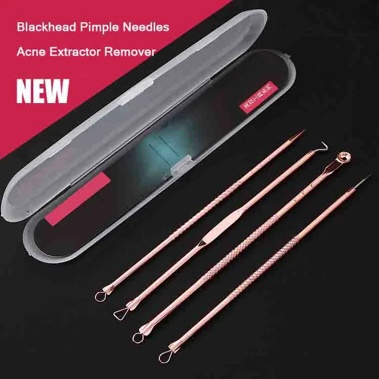 4 stks / set Gereedschappen Kit Acne Extractor Remover Mechidee Pimple Needles Bememish Behandelingen Rose Gold Rvs Needle