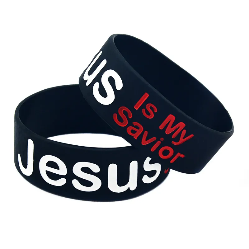 50 pièces jésus est mon Sauveur Bracelet en Silicone 1 pouce de large Bracelet en caoutchouc noir rempli d'encre Logo pour la foi religieuse