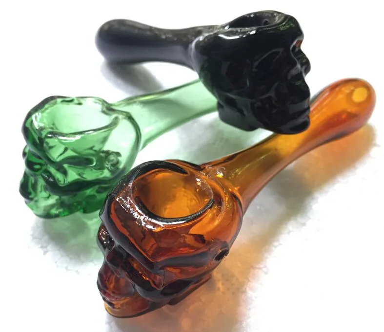 Skull Pyrex Glass Oil Burner Pipes Spoon Bubblers Curnved Hand Smoking Pipe for Hookah Silicone Bong with Many Colors