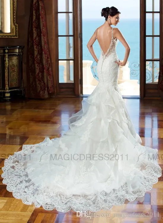 2021 Vacker Backless Wedding Dress Sweetheart Lace Mermaid Gown Beaded Straps Låg Tillbaka Med Ruffled Kjoldetaljer