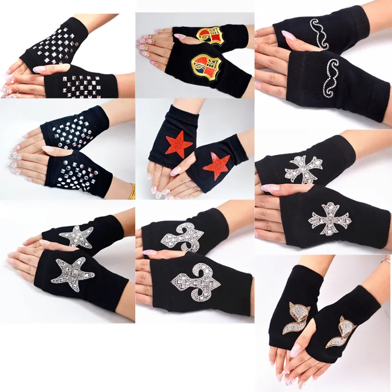 Wholesale Winter Spring Men Women Fingerless Gloves with Diamond Rivets Korean Fashion Half Finger Gloves Knitted Cool Sailor Dance GL-1