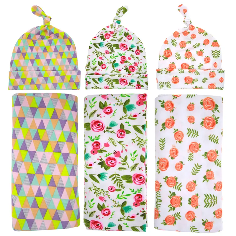 Noworodek Baby Swiaddle Wrap Koet Kloc Floral Plaid Wzór Węzeł Czapki Zestaw Niemowląt Bawełna Wrapping Tkaniny Szata BHB05