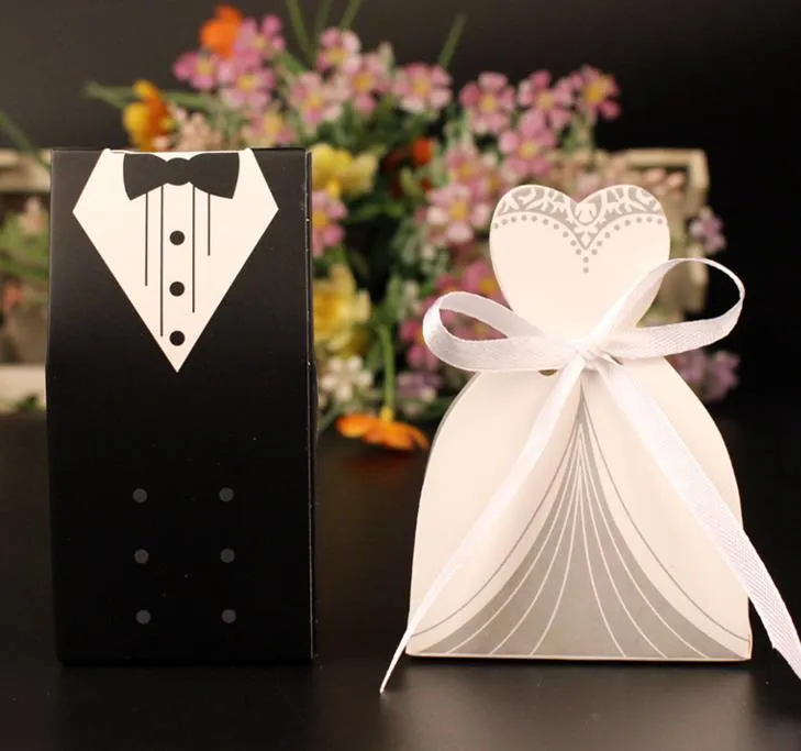 Dress & Tuxedo Bride Groom Wedding Favour Ribbon Candy Bomboniere Box Anniversary Valentine's Day Engagement treats paper boxes