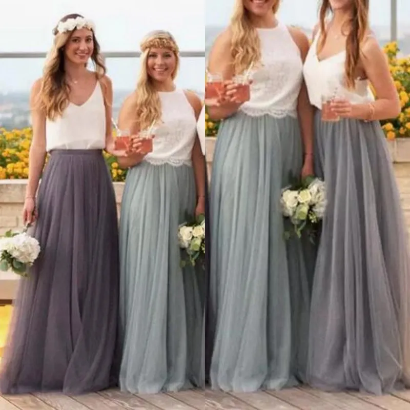 teal and burnt orange bridesmaid dresses Mismatched Lace Top A-Line Two Pieces Long Cheapest Tulle Bridesmaid D –  Dairy Bridal main image 0