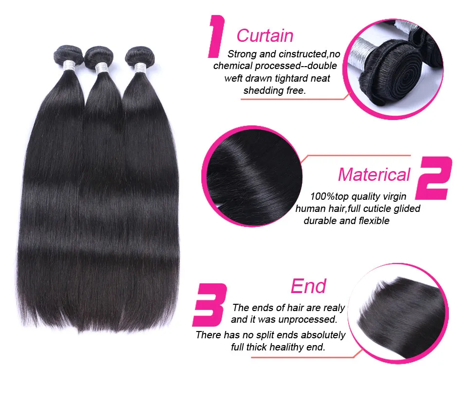 8A Brazilian Straight Virgin Hair Weaves 3 Bundles With Ear to Ear Lace Frontal Closures Peruvian Indian Malaysian Cambodian Remy Human Hair