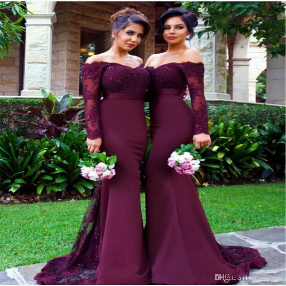 Billiga Bourgogne Grape Mermaid Bridesmaid Dresses Off Shoulder Spets Appliques Långa ärmar Anpassade golvlängd för Wedding Maid of H6541785