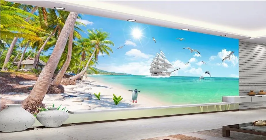 Luxury European Modern Sea Kokospalmen Wandbild 3d wallpaper 3d Tapeten für TV Hintergrund