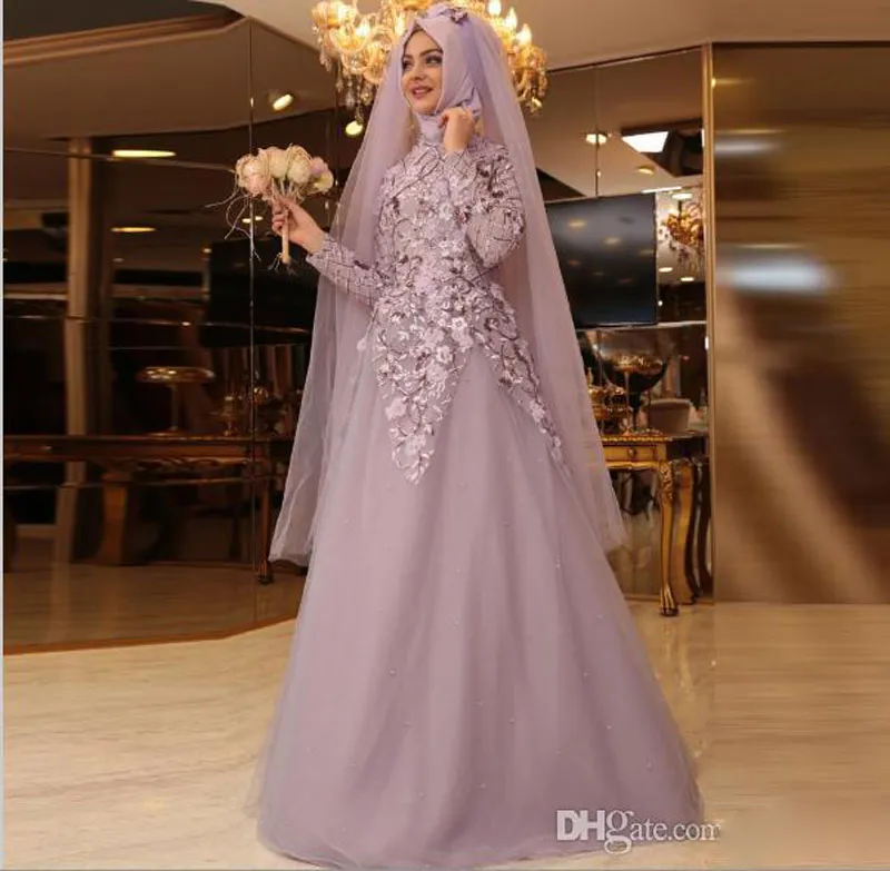 2017 Muslim Långärmade Hijab Prom Klänningar High Neck Pärlor Appliques Vestidos Arabisk Prom Klänning Lång Tulle Custom Made Cocktail Party Gowns