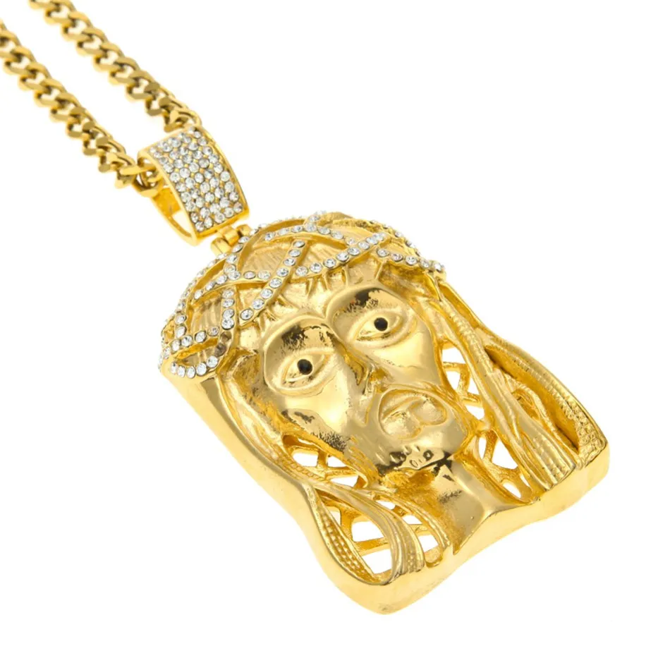 Ciondolo con testa di Gesù incoronato d'oro hip-hop Collana con gemma quadrata in cristallo con catena cubana