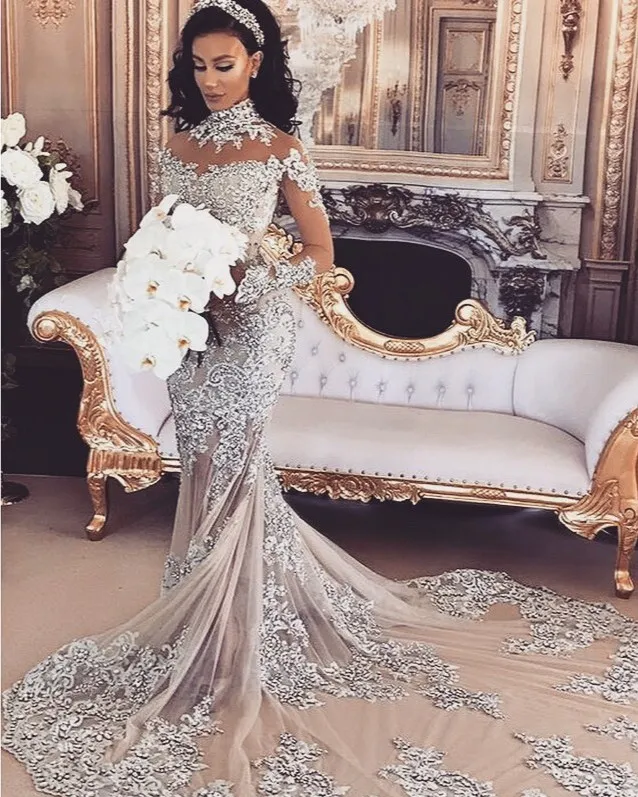 Luxury Sparkly 2022 Mermaid Wedding Dress Sexy Sheer Bling Beads Lace Applique High Neck Illusion Long Sleeve Champagne Trumpet Br1804230