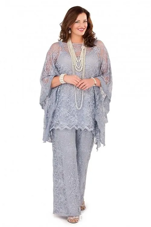 Completo in pizzo la madre della sposa Pantalone 2017 Maniche lunghe Tre pezzi Grigio argento Formale Donna Plus Size Abiti la madre dello sposo il matrimonio