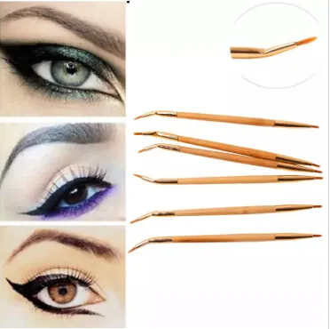 Partihandel-1pc Fashion Beauty Natural Bamboo Handle Bent Double End Eyeliner Borste + Lip Borste Eye Liner Makeup Tools Gratis frakt