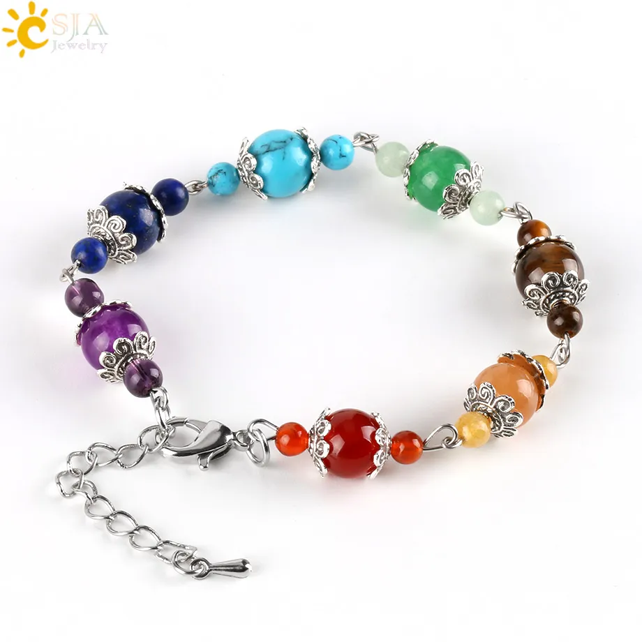 CSJA Natural 7 Chakra Bracciali con perline da donna 2 dimensioni Perline con pietre preziose Ciondoli con fiori arcobaleno Chiusura a moschettone Estendi catena Meditazione Jew321D