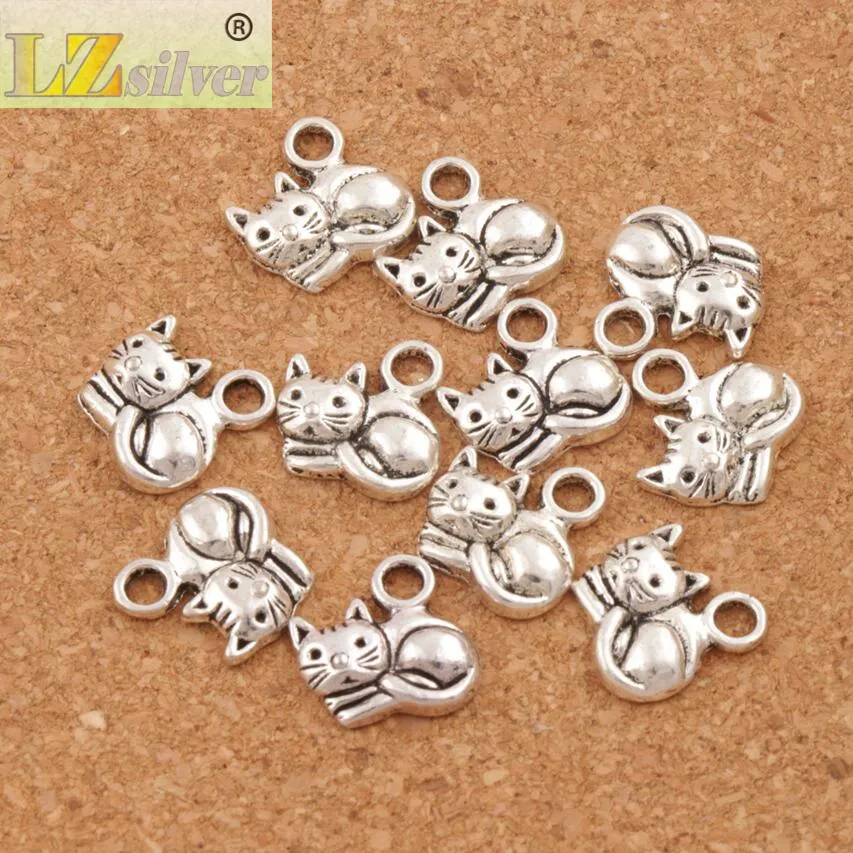 Chat couché entretoise perles breloque pendentifs 200 pièces bijoux 14x14mm Antique en alliage d'argent bijoux faits à la main bricolage L1153259R