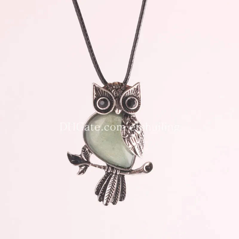 New Lovely Amethyst Gemstone Owl On Branch Necklace Owl Spirit Animal with Natural Stone Beads Pendant Leather Rope Women Necklace Jewelry