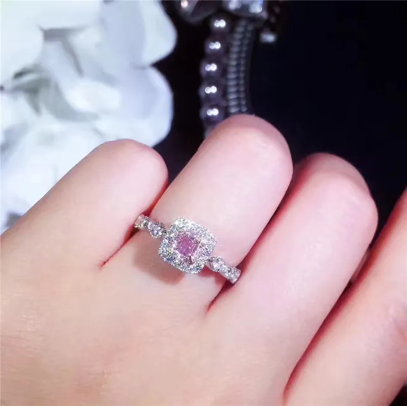 Euramerican Brand Solid 925 Sterling Silver Ring for Women Luxury PINK Princess-cut SONA DIAMOND RING Engagement wedding jewelry