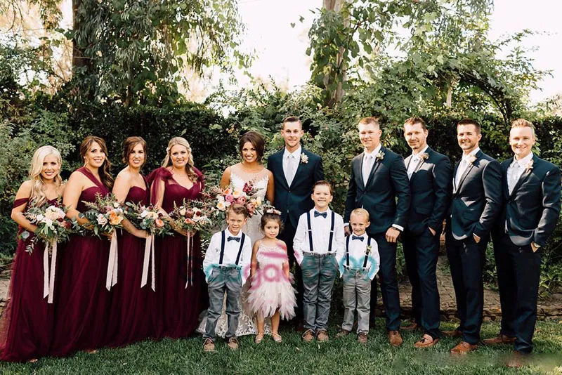 Burgundia Szyfonowa Długa Boho Kraj Druhna Suknie 2017 Formalne Florals Jesień Ogród Wedding Party Guest Junior Suknie