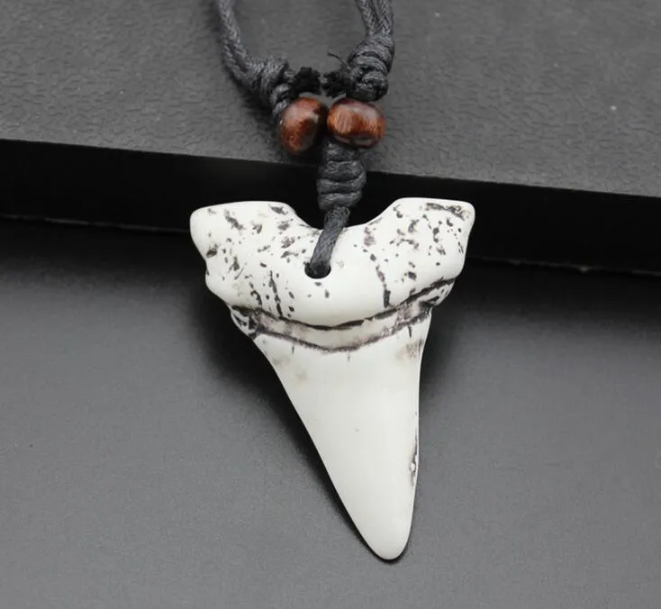 Imitation Yak Bone Carving Shark Tooth Charm Pendant Wood Beads Necklace Amulet Gift Travel souvenir