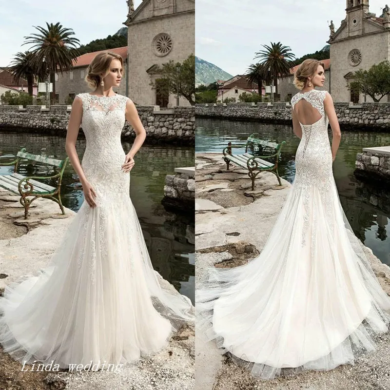Vintage Pas Cher Sirene Dos Nu Dentelle Robe De Mariee Sans Manches Long Col Ras Du Cou Corset Retour Robe De Mariee Plus La Taille Sur Mesure Robe De Noiva Du 175 95