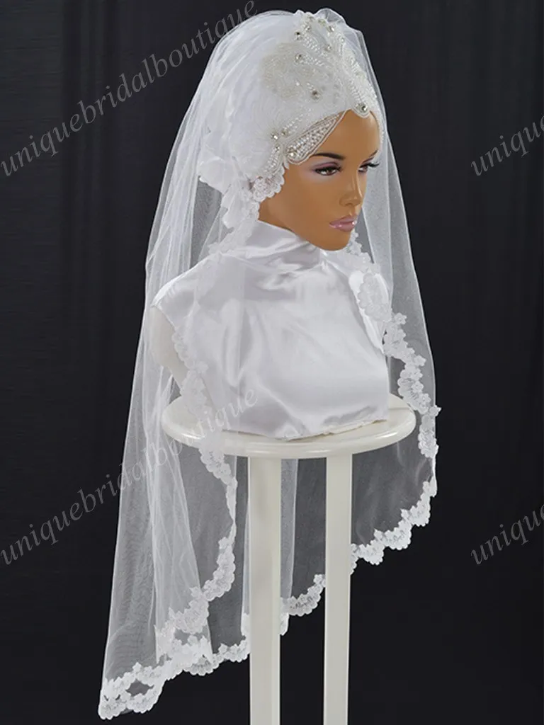 Мусульманские свадебные вуали с жемчугом и кружевами Applices Real Model Picture Heady для ношения Bridal Hijab длиной локоть Hazir Gelin Turbanlari