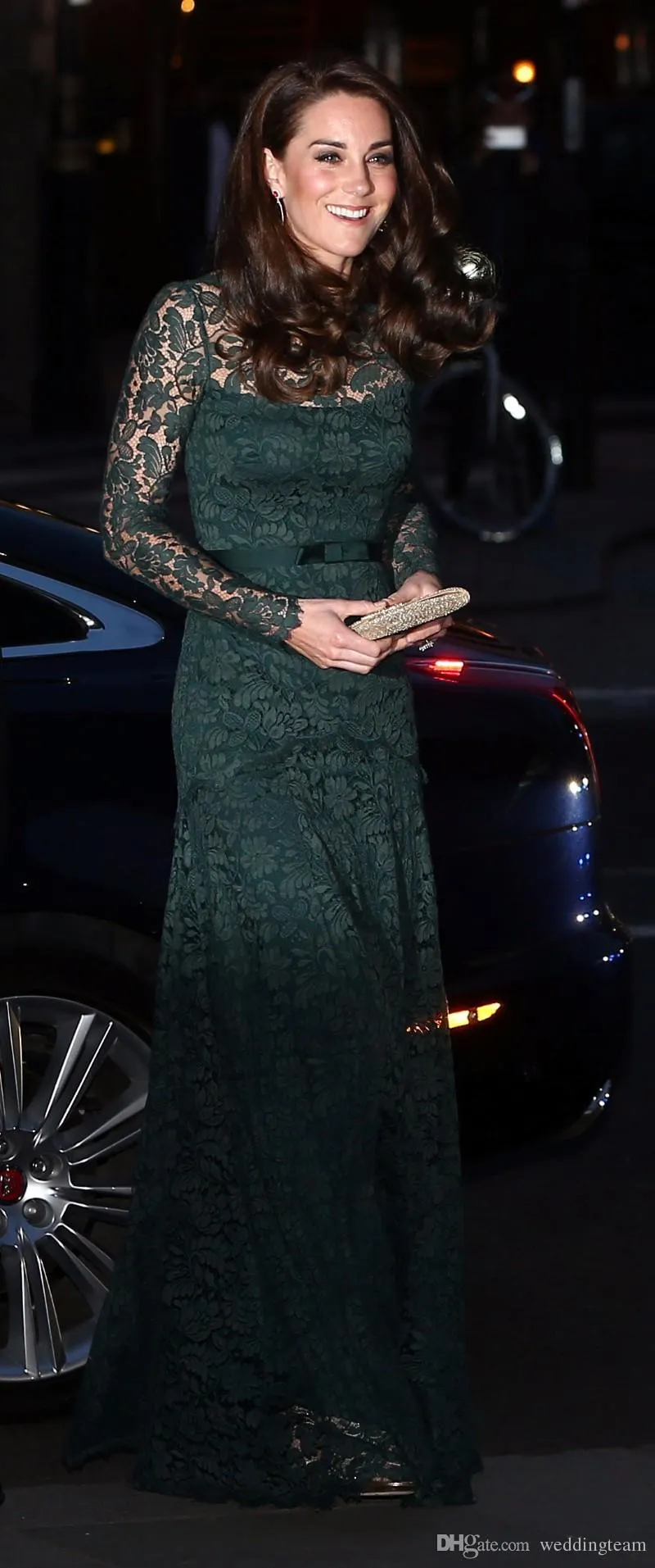 Kate Middleton Damen-Abendkleider mit voller Spitze, figurbetont, lange Ärmel, transparenter Bateau-Ausschnitt, bodenlang, Jägergrün, formell, Promi-Go242T