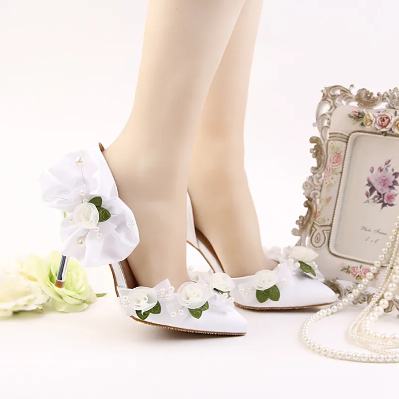 White Satin Wedding Shoes Pointed Toe Flower Bridal Dress Shoes Women Summer Sandals Bridesmaid Shoes Party Prom Pumps