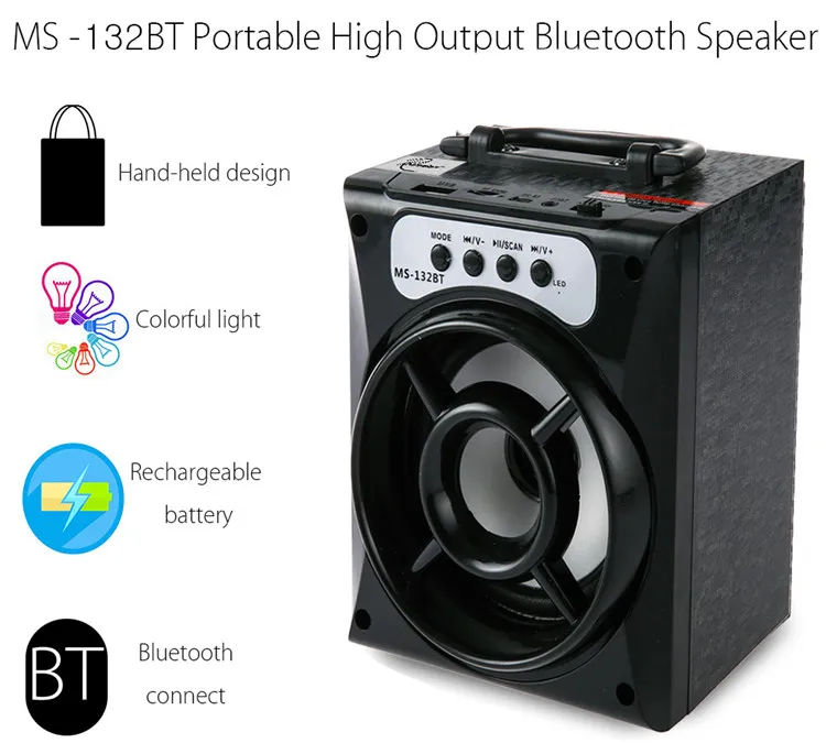 MS-132BT Mini tragbarer kabelloser Bluetooth-Quadratlautsprecher, unterstützt FM-Radio, LED-Leuchte, TF/Micro-SD-Karte, Musikwiedergabe, DHL FEDEX