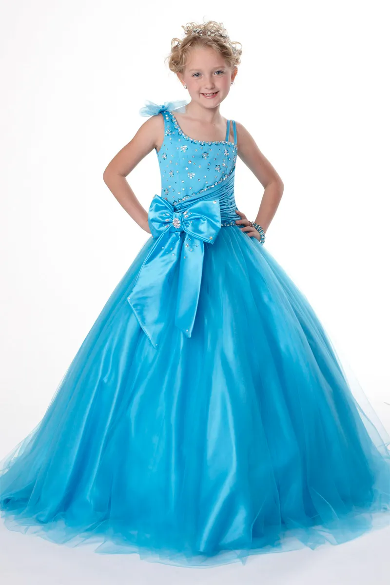 Mooie turquoise tule boog bandjes kralen bloem meisje jurk prinses pageant jurken meisje feestjurken op maat gemaakte maat 2-14 HF419001