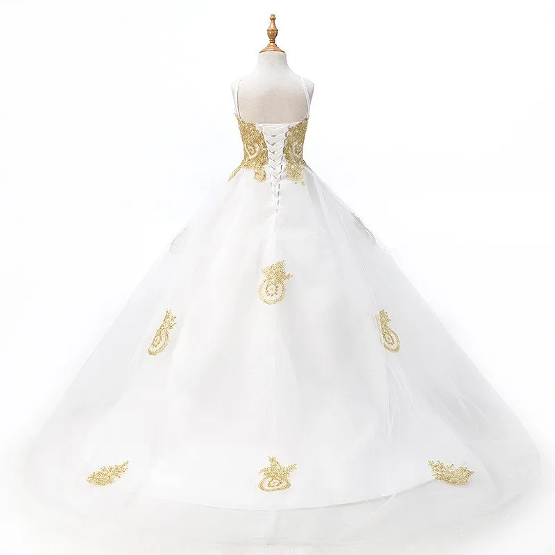 2022 Fashion White with Gold Lace Flower Girls Dresses Princess Designer Wedding Kids Girls Tulle Ruched con spalline spaghetti Chea 240s