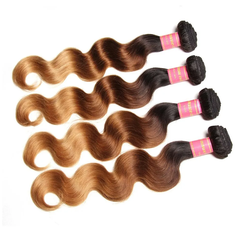 Trois Tons Miel Blonde Humaine Vierge Cheveux Bundles # 1B 4/27 Brun Blonde Ombre Extensions de Cheveux Double Trame Vague de Corps Armure de Cheveux Humains