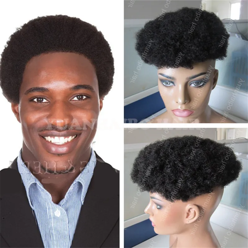 Afro-américain toupet 6 pouces 1B vierge cheveux indiens courts Afro Curl toupets pour hommes noirs livraison gratuite