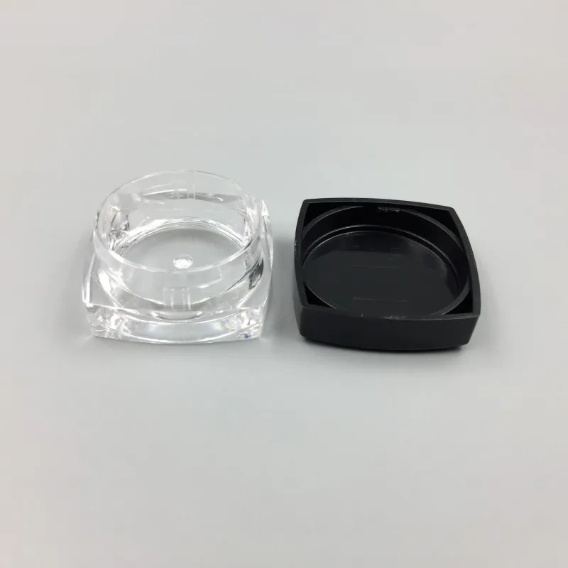 3-Gramm-Kunststoffglas, quadratische Form, transparenter Behälter, schwarze Kappe, Kosmetik-Proben-Lidschatten-Lippenbalsam-Behälter, Nail-Art-Stück, Glitzerflasche