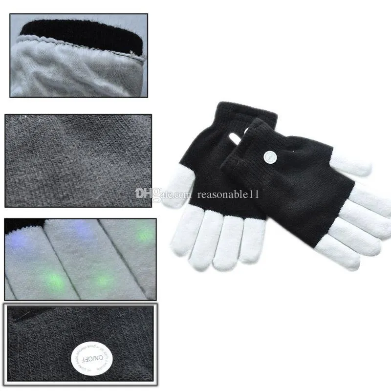 Gants rave LED mitts clignotant l'éclairage du doigt gant coloré 7 couleurs lumière montrent en noir et blanc