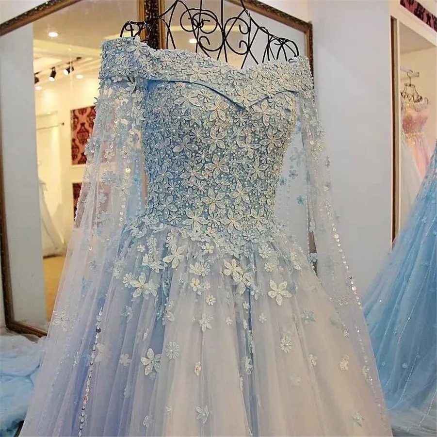 Popular Blue Wedding Dress Off The Shoulder Hand Made 3D Flowers Applique Princess Marry Bridal Grown