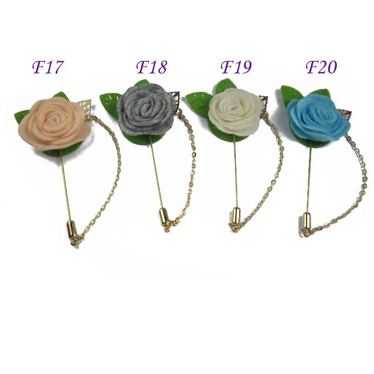 !4CM Felt flowers leaf Male Accessories Vintage Brooches golden Stick pin Men Suits Lapel Pins with chain