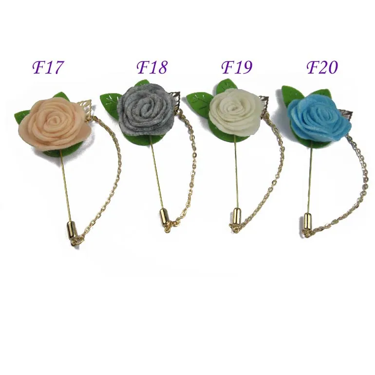 GRATIS frakt! / Parti 4cm filtblommor Leaf Male Tillbehör Vintage broscher Golden Stick Pin Män passar lapelstift med kedja