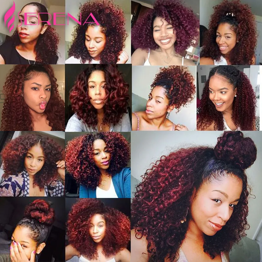 Ombre Kinky Curly Hair Пучки человеческих волос с застежкой Ombre 3 Bundle Deals с фронтальной 1b Бордовые бразильские девственные волосы с Cl5078695
