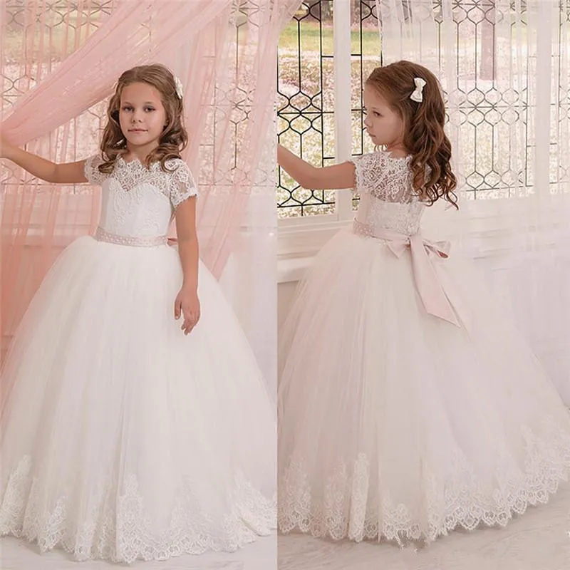 White Flower Girls Dresses For Weddings Jewel Cap Sleeve Lace Baptism Dress Floor Length Sashed Princess Gown